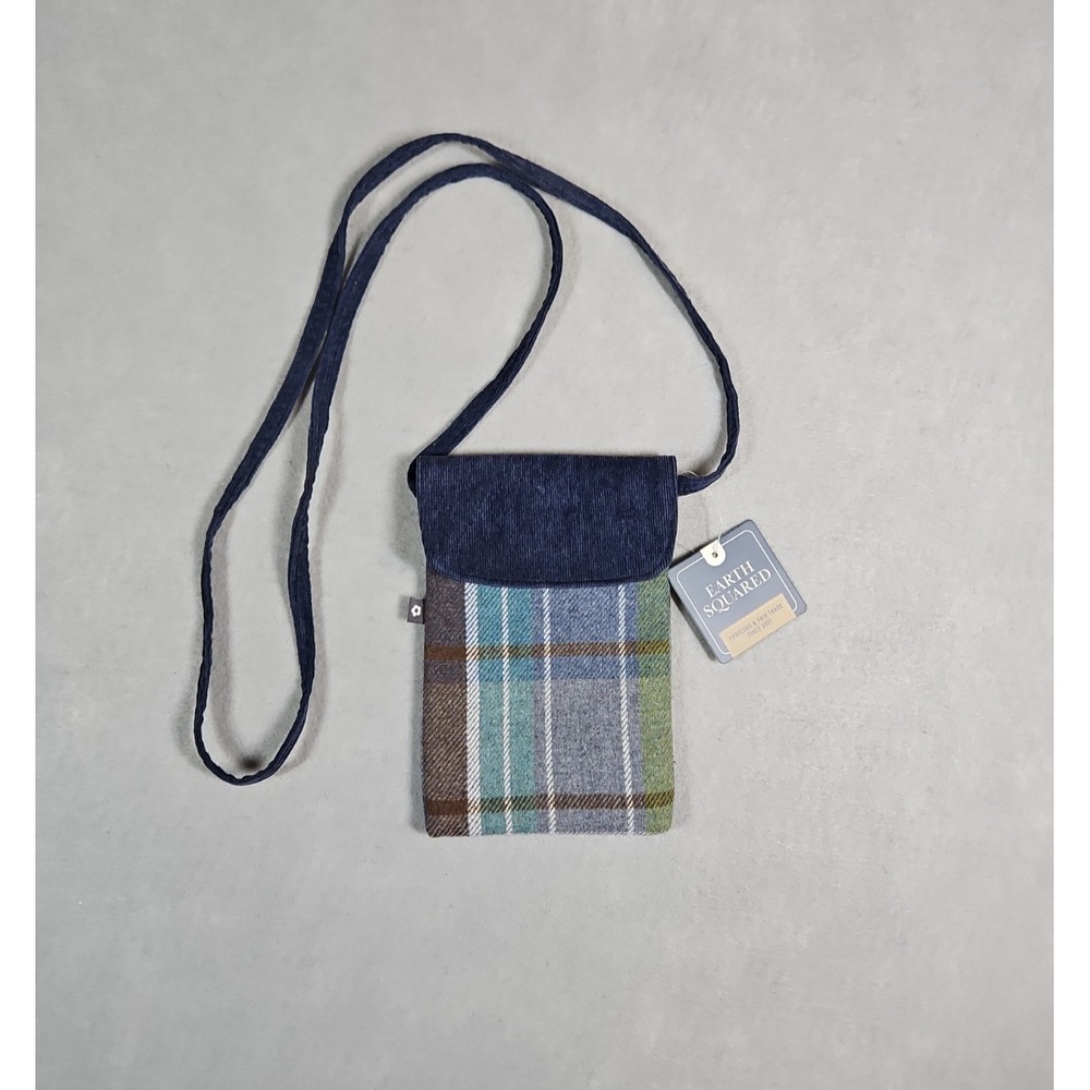 Earth Squared Blue Plaid Tweed Crossbody Phone Pouch Bag NWT